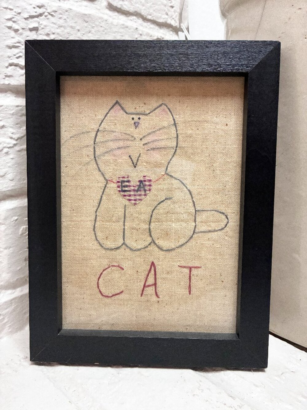 1998 Folk Art Cat Hand-Stitched - Vintage Framed Edith Anne Cross stitch - 6x8